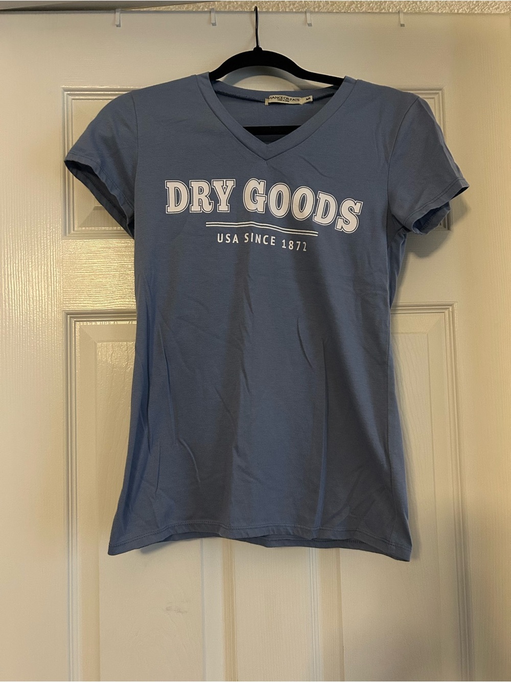 Chance or Fate Blue V-Neck Tee with 'DRY GOODS' Graphic